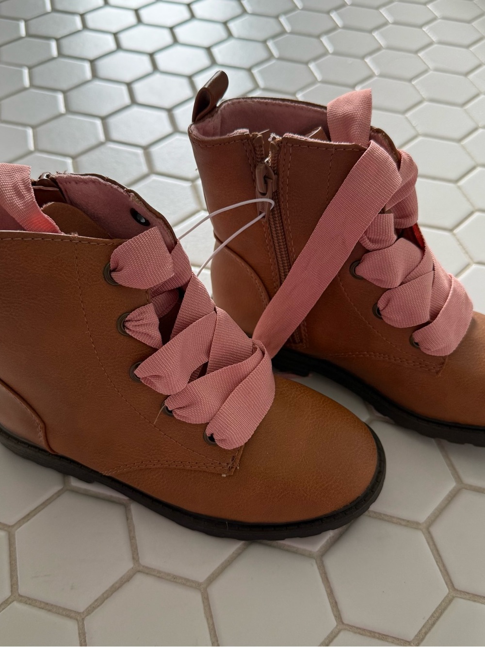 Girls Brown Ankle Boots with Pink Ribbon Laces